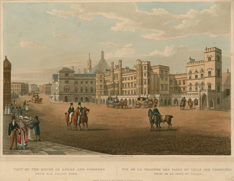Näkymä Houses of Lords and Commonsille Old Palace Yardista tekijältä Robert the Elder and Younger Havell