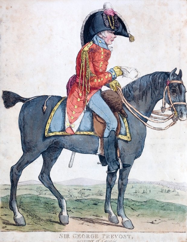 Sir George Prevost, brittiläinen sotilas ja siirtomaahallinnon hallinto, Kanadan kenraalikuvernööri (värillinen etsaus) tekijältä Robert the younger Dighton