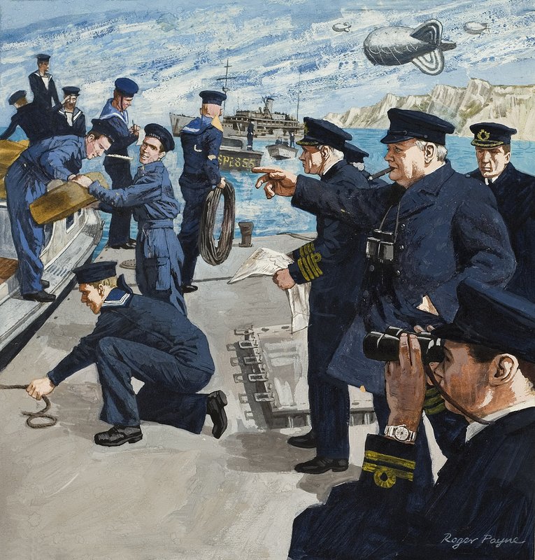 Winston Churchill (1874-1965) laivastokohtauksessa (guassi paperille) tekijältä Roger Payne