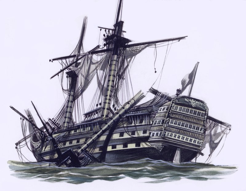 HMS Victory Trafalgarin taistelun jälkeen, keskimasto ammuttu pois (guassia paperille). tekijältä Ron Embleton