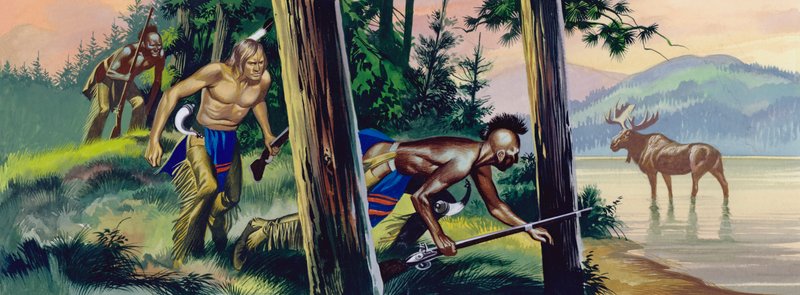 Amerikan intiaanit väijyvät hirveä (guassi paperille) tekijältä Ron Embleton