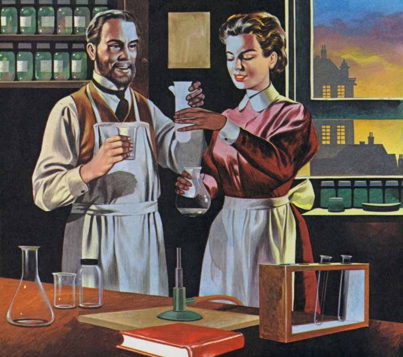 Pierre ja Marie Curie laboratoriossaan Pariisissa (värilitografia). tekijältä Ron Embleton