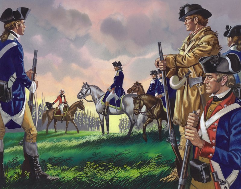 Kenraali Cornwallisin antautuminen amerikkalaiselle komentajalle Yorktownissa, Virginiassa 19. lokakuuta 1781 () (guassi paperille). tekijältä Ron Embleton