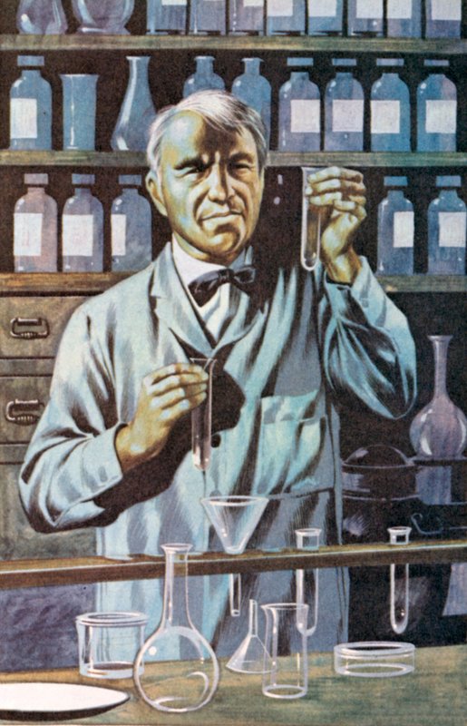 Thomas Alva Edison, yhdysvaltalainen keksijä ja liikemies (värilitografia). tekijältä Ron Embleton