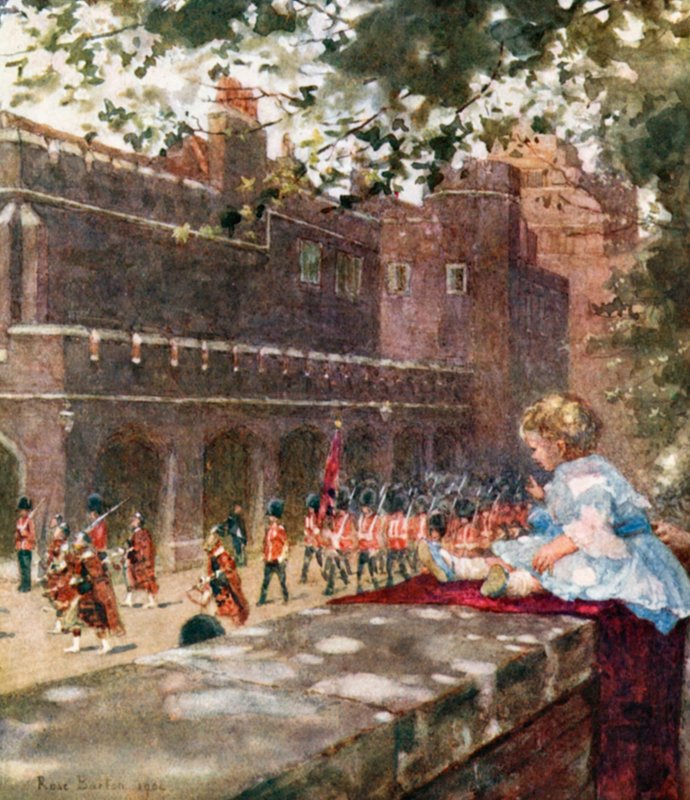 Walesin prinssi Yrjö katselee skotlantilaiskaartia Marlborough Housesta käsin tekijältä Rose Maynard Barton