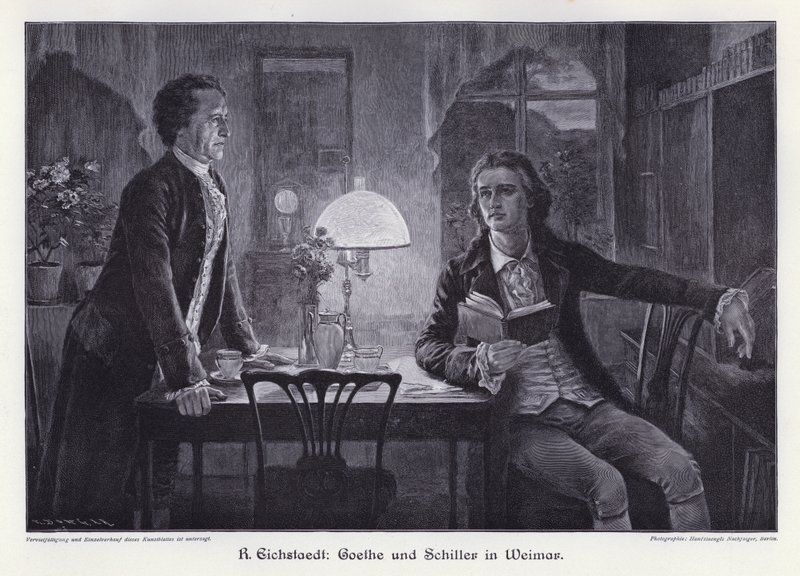 Saksalaiset kirjailijat Friedrich Schiller ja Johann Wolfgang von Goethe Weimarissa (kaiverrus) tekijältä Rudolf Eichstaedt