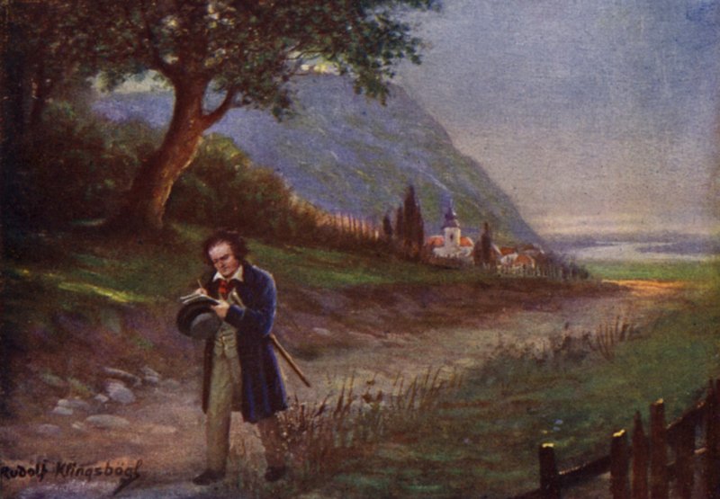 Beethoven aamukävelyllä Wienin esikaupunkialueella Kahlenbergerdorfissa (värilitho) tekijältä Rudolf Klingsbogl