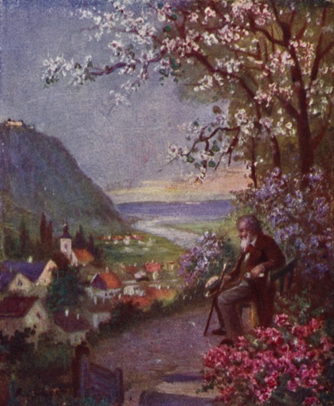 Leopoldsberg, Etualalla Brahms lepäämässä pitkän kävelyn jälkeen (värilitho) tekijältä Rudolf Klingsbogl