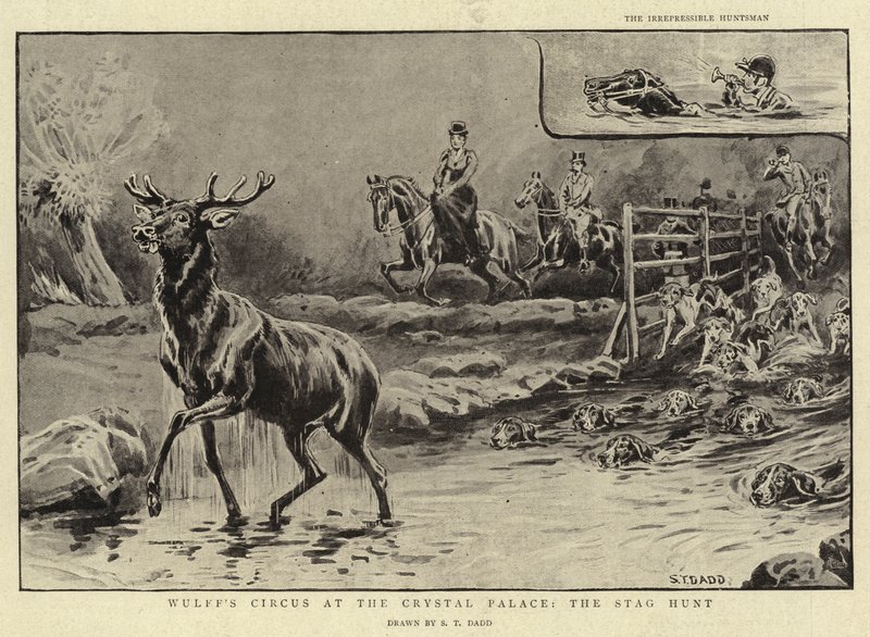 Wulffin sirkus Kristallipalatsissa, hirvenmetsästys, - tekijältä S.T. Dadd