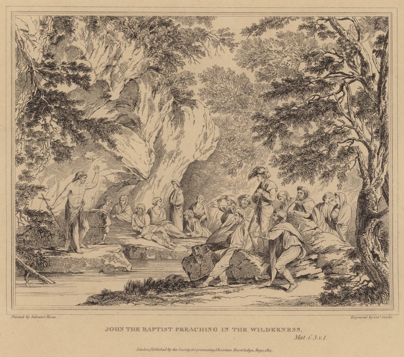 Johannes Kastaja saarnaa erämaassa, Matteus tekijältä Salvator Rosa