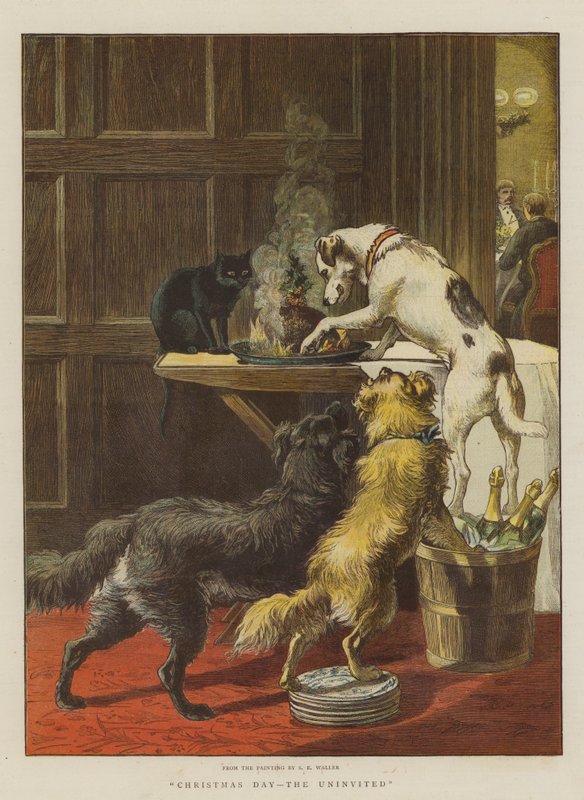 Joulupäivä, kutsumattomat (chromolitho) tekijältä Samuel Edmund Waller