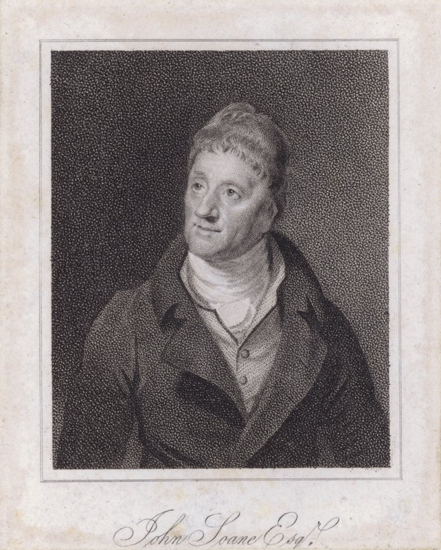 Sir John Soane, englantilainen arkkitehti ja keräilijä (kaiverrus) tekijältä Samuel (after) Drummond
