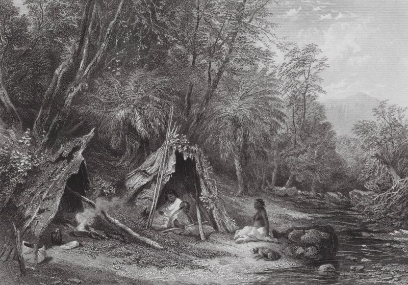 Australia: Native Encampment (kaiverrus). tekijältä Samuel (after) Prout