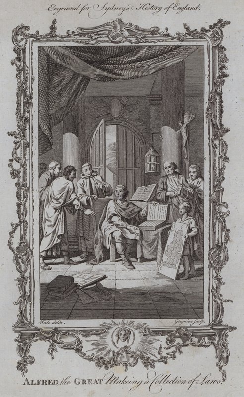 Alfred Suuri laatimassa lakikokoelmaa (kaiverrus) tekijältä Samuel (after) Wale