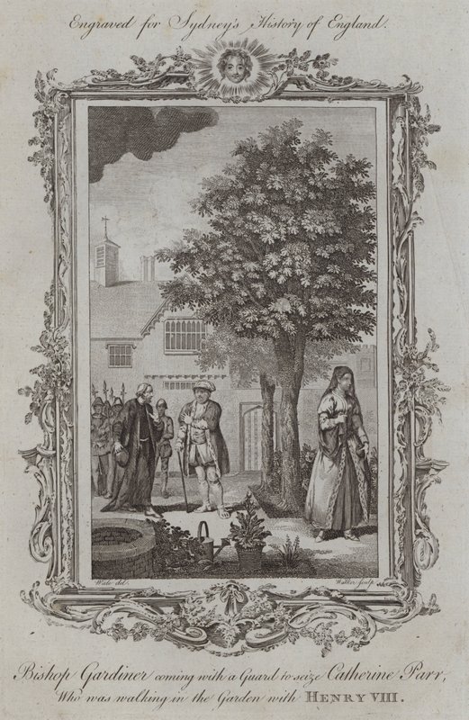 Piispa Gardiner saapuu vartijan kanssa kaappaamaan Catherine Parria, joka käveli puutarhassa Henry VIII:n kanssa (kaiverrus) tekijältä Samuel (after) Wale