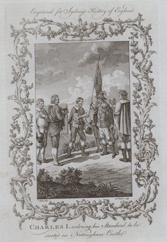 Charles I määräsi Standardinsa pystytettäväksi Nottinghamin linnaan (kaiverrus) tekijältä Samuel (after) Wale