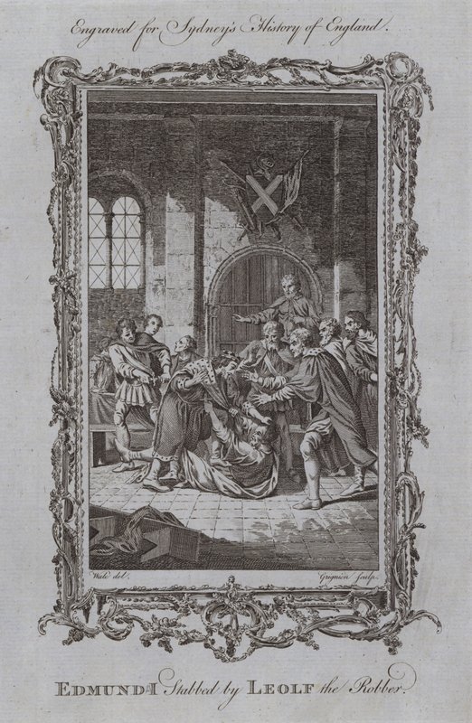 Leolf Ryöstäjä puukotti Edmund I (kaiverrus) tekijältä Samuel (after) Wale