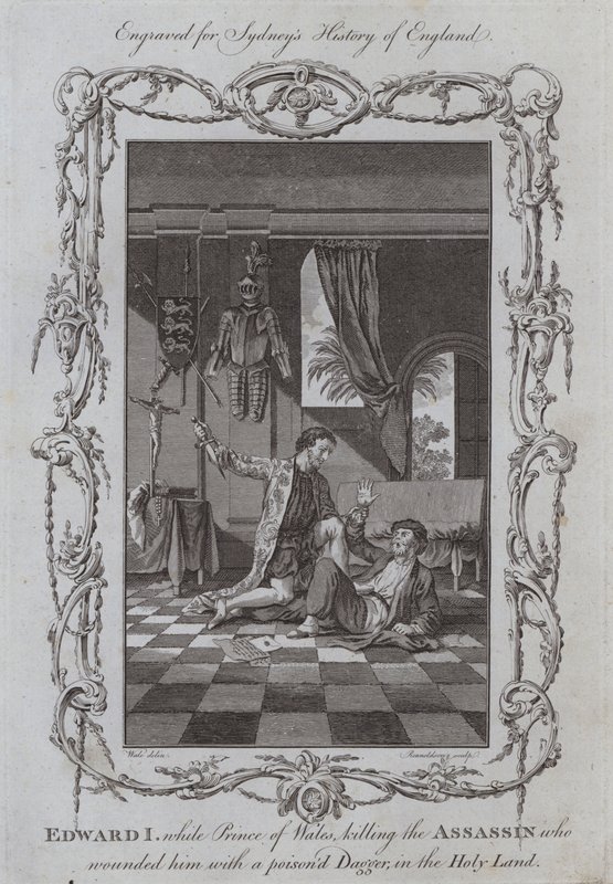 Edward I, kun Walesin prinssi tappoi salamurhaajan, joka haavoitti häntä myrkytetyllä tikarilla, Pyhässä maassa (kaiverrus) tekijältä Samuel (after) Wale