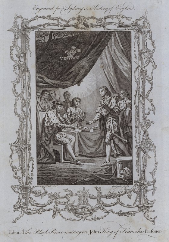 Edward Musta prinssi odottaa Johnin Ranskan kuningasta vankiaan (kaiverrus) tekijältä Samuel (after) Wale