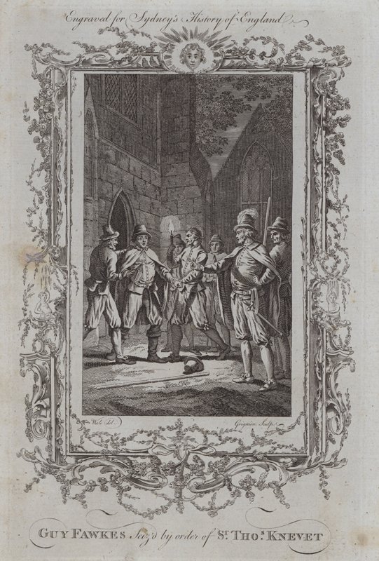 Guy Fawkes takavarikoitu Sir Thomas Knevetin määräyksestä (kaiverrus) tekijältä Samuel (after) Wale