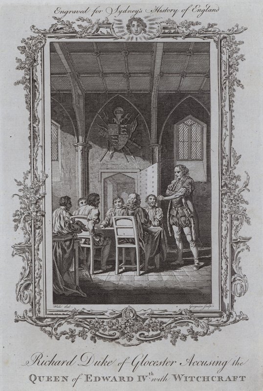 Richard Gloucesterin herttua syyttää Edward IV:n kuningatarta noituudella (kaiverrus) tekijältä Samuel (after) Wale