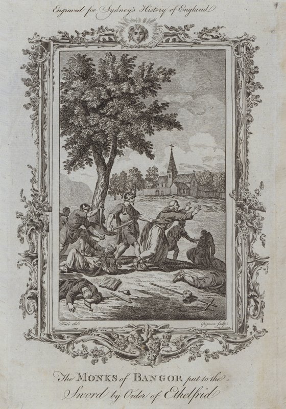 Ethelfridin ritarikunnan miekalle asettamat Bangorin munkit (kaiverrus) tekijältä Samuel (after) Wale