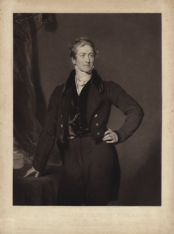 Sir Robert Peel, englantilainen konservatiivipoliitikko ja pääministeri (kaiverrus). tekijältä Samuel Cousins