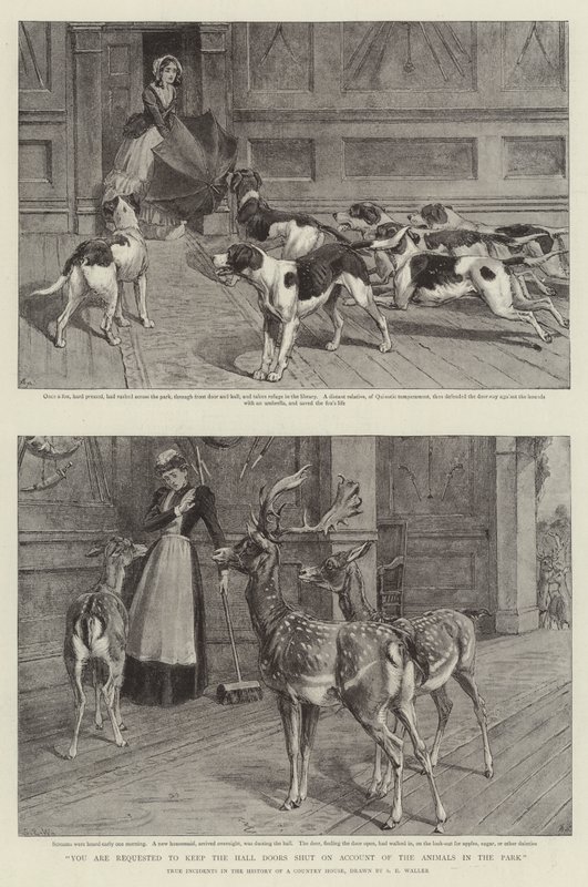 Pyydämme sinua pitämään salin ovet suljettuina puiston eläinten vuoksi (litho) tekijältä Samuel Edmund (after) Waller