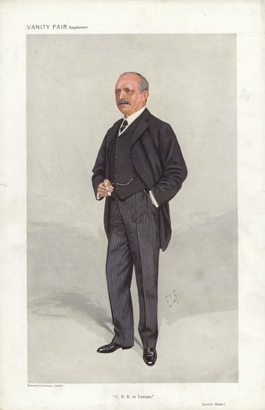 Archer Baker, C P R Euroopassa, Vanity Fair sarjakuva (väri litho) tekijältä Samuel Luke (after) Fildes