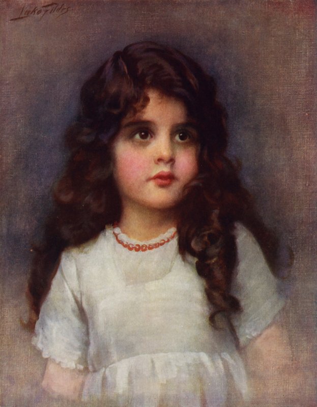 Curly Locks: muotokuva kauniista nuoresta tytöstä, jolla on pitkät tummat kiharat hiukset (väri litho) tekijältä Samuel Luke (after) Fildes