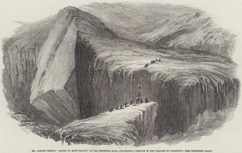 Herra Albert Smithin nousu Mont Blancille Egyptian Hallissa, Piccadillyssa, rakossa Glacier du Tacconayssa tekijältä Samuel Read