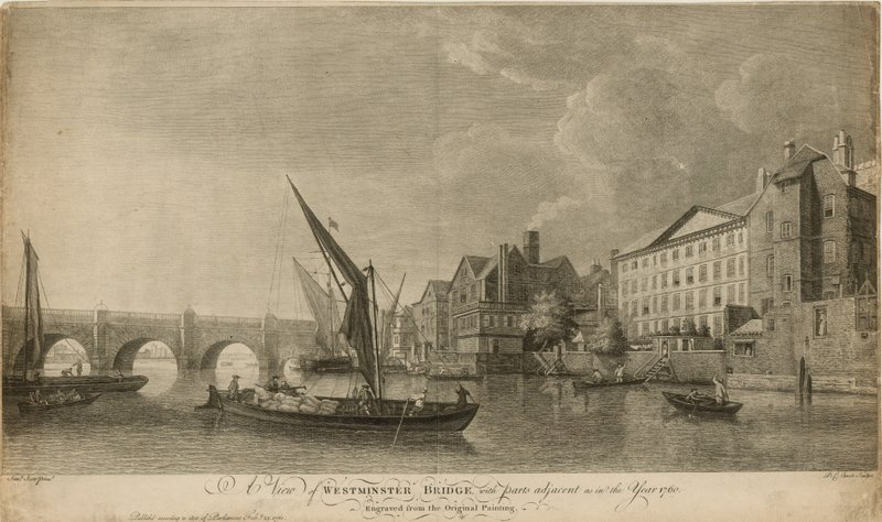 Näkymä Westminster Bridgestä vierekkäisine osineen kuten vuonna 1760 tekijältä Samuel Scott