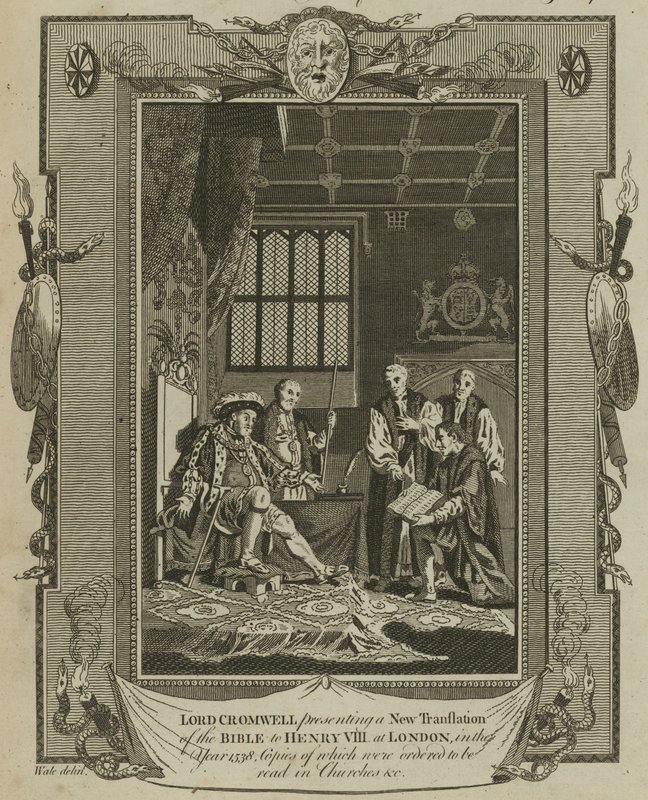 Lordi Cromwell esittelee uuden raamatunkäännöksen kuningas Henry VIII:lle Lontoossa vuonna 1538 tekijältä Samuel Wale