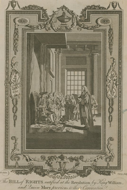 Bill of Rights, jonka kuningas William ja kuningatar Maria ratifioivat vallankumouksessa tekijältä Samuel Wale