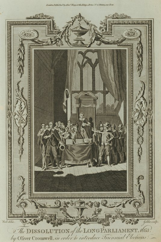 Oliver Cromwellin pitkän parlamentin hajottaminen 1653 (kaiverrus) tekijältä Samuel Wale