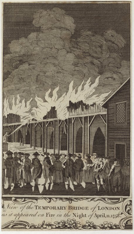 Näkymä Lontoon väliaikaisesta sillasta sellaisena kuin se palasi 11. huhtikuuta 1758 yöllä tekijältä Samuel Wale