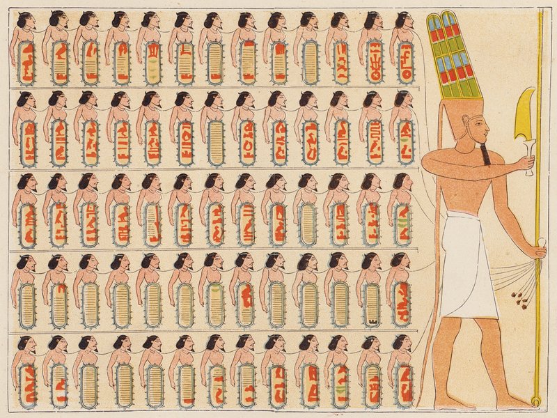 Muinaisen Egyptin faarao Shoshenq I johtaa armeijaansa (värilitografia). tekijältä School Egyptian