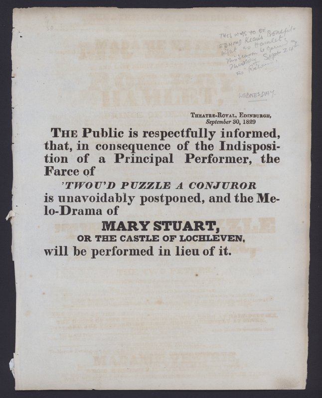 Ilmoitus laskutetun esityksen muutoksesta Theatre Royalissa, Edinburghissa, 30. syyskuuta 1829 (litho) tekijältä Scottish School
