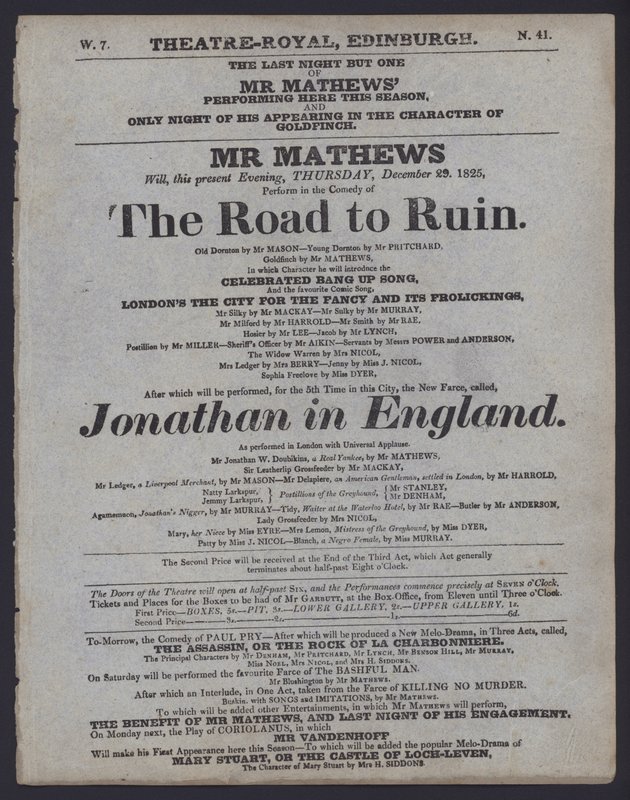 Teatteriohjelma Theatre Royalille, Edinburgh, 29. joulukuuta 1825 (litho) tekijältä Scottish School