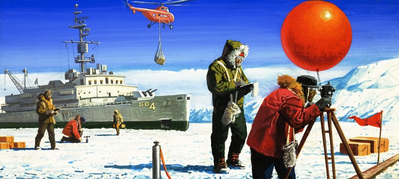 Tohtori Vivian Fuchs tekee tieteellisiä kokeita Etelämantereella. tekijältä Severino Baraldi