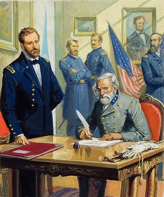 Kenraali Ulysses Grant hyväksyy kenraali Leen antautumisen Appomattoxissa. tekijältä Severino Baraldi