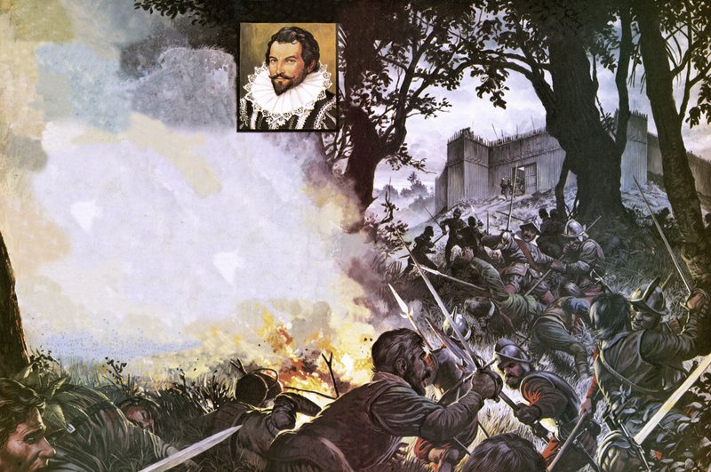 Sir Walter Raleighin miehet hyökkäävät espanjalaislinnoitukseen... tekijältä Severino Baraldi