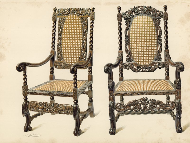 Tuoli, P Macquoidin omaisuus; Tuoli, Arthur S Copen (chromolitho) omaisuutta tekijältä Shirley Charles Llewellyn Slocombe