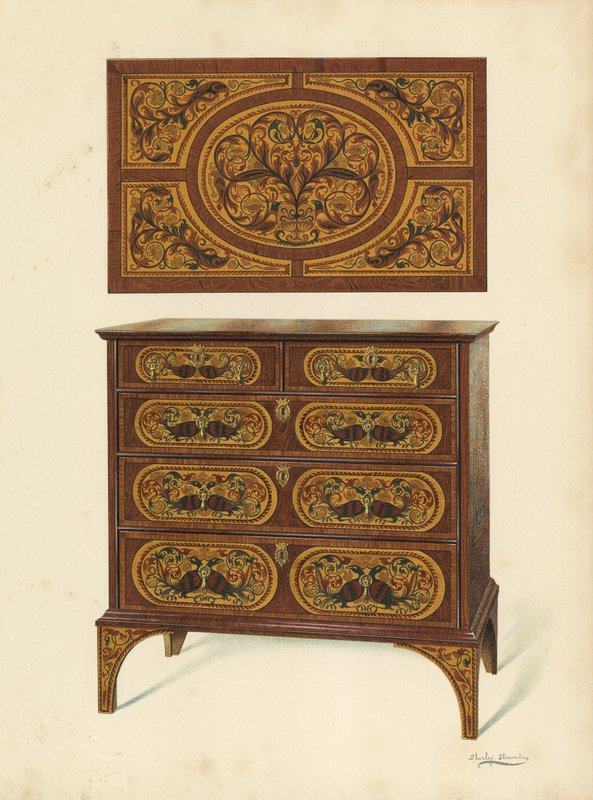 Lipasto kuoret upotekoristeinen Marqueterie (chromolitho) tekijältä Shirley Charles Llewellyn Slocombe