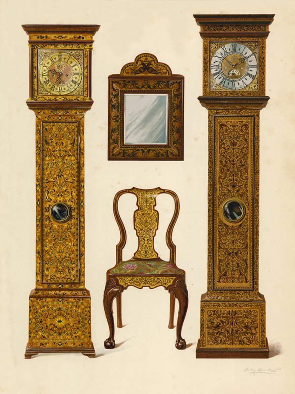 Kello Inkrustoitu Light Marqueterie, omaisuutta Percy Macquoid; Kello upotekoristeinen Dark Marqueterie, Victoria and Albert Museum; Saksanpähkinä tuoli inkrustoidulla intarterialla; Peili (chromolitho) tekijältä Shirley Charles Llewellyn Slocombe