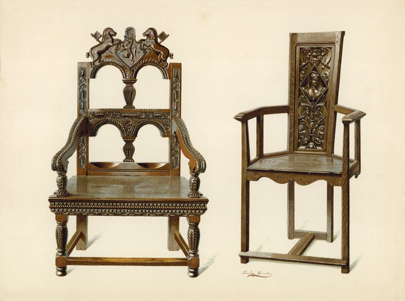 Oak Cacqueteuse -tuoli, Percy Macquoidin omaisuutta; Marjapuutuoli, Leedsin herttuan omaisuutta (chromolitho) tekijältä Shirley Charles Llewellyn Slocombe