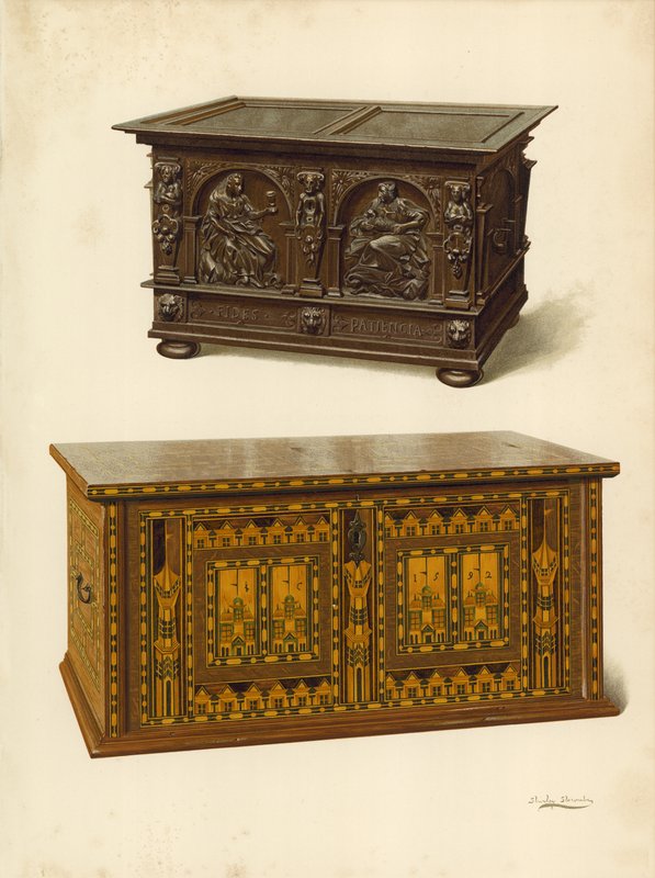 Tammiarkku, Seymour Lucasin omaisuutta; Tammi intarsiakoristeinen Nonesuch-arkku (chromolitho). tekijältä Shirley Charles Llewellyn Slocombe