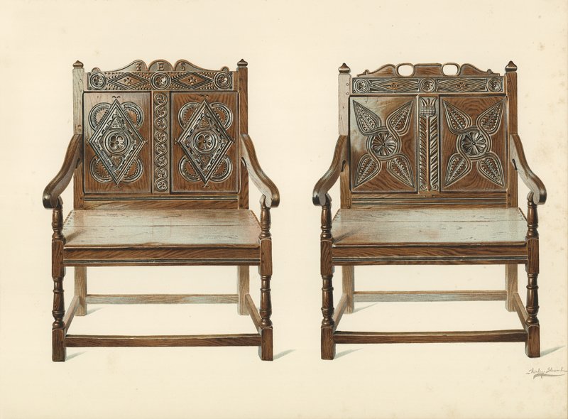 Oak Double Chairs (Welsh), H Clarence Whaiten (chromolitho) omaisuutta tekijältä Shirley Charles Llewellyn Slocombe