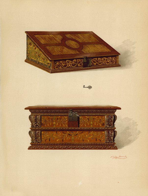 Oak Inlaid Box, Edward Quilterin omaisuutta; Oak Inlaid Box, Edward Quilterin omaisuutta (chromolitho) tekijältä Shirley Charles Llewellyn Slocombe