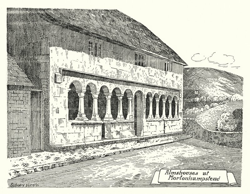 Almshouses Mortonhampsteadissa (kaiverrus) tekijältä Sidney Heath
